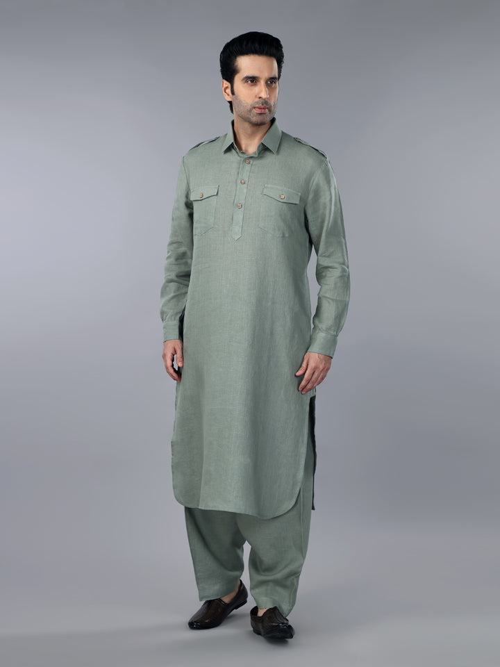 Sage Green Linen Pathani Suit