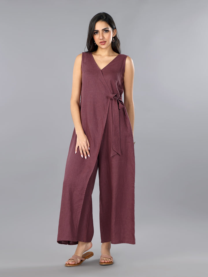 Plum Linen Overlap Jumpsuit