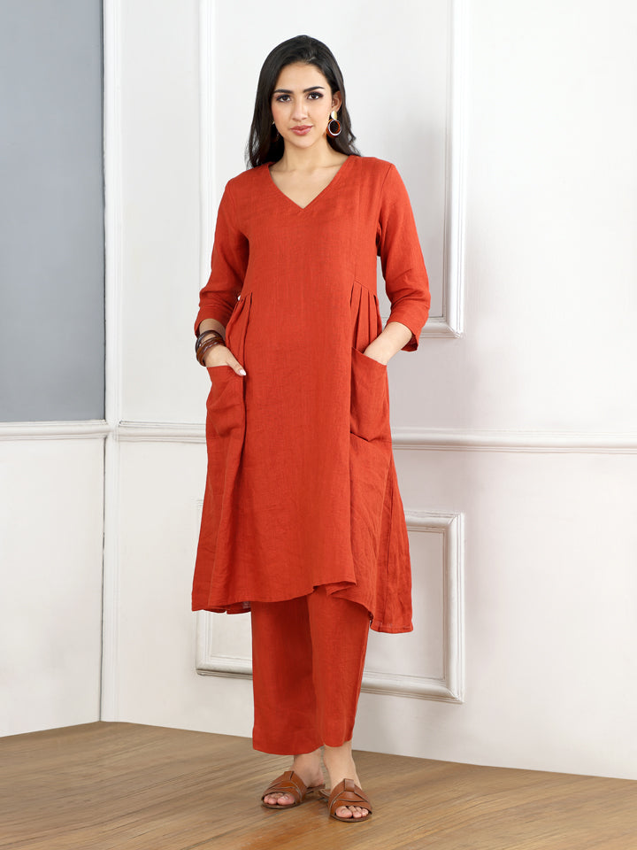 Burnt Orange Linen Pleated Kurta Set