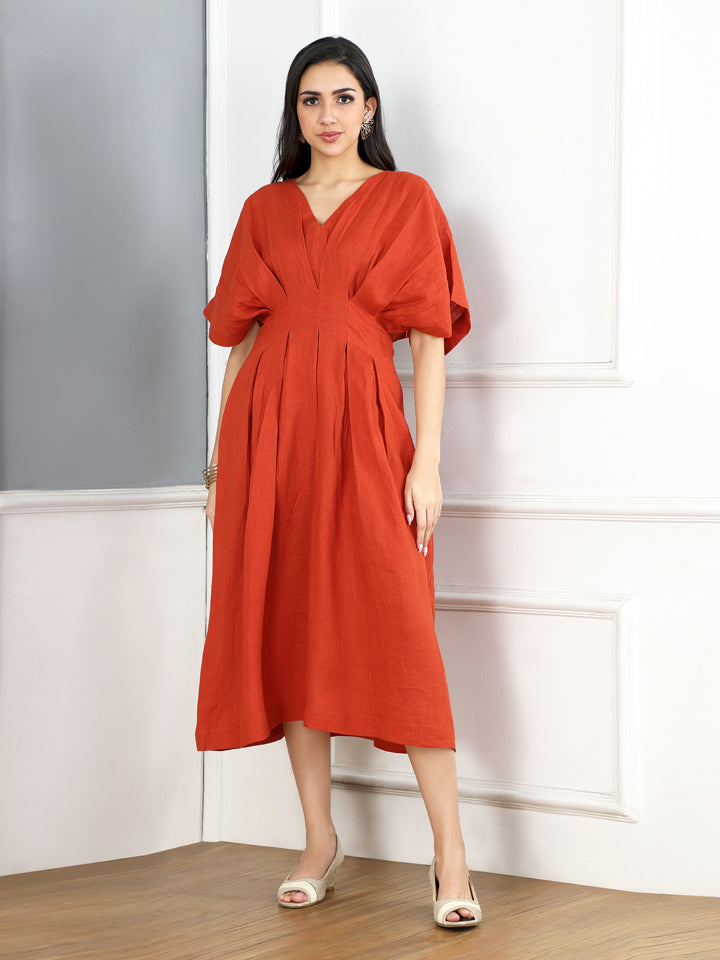 Burnt Orange Linen Puff Dress