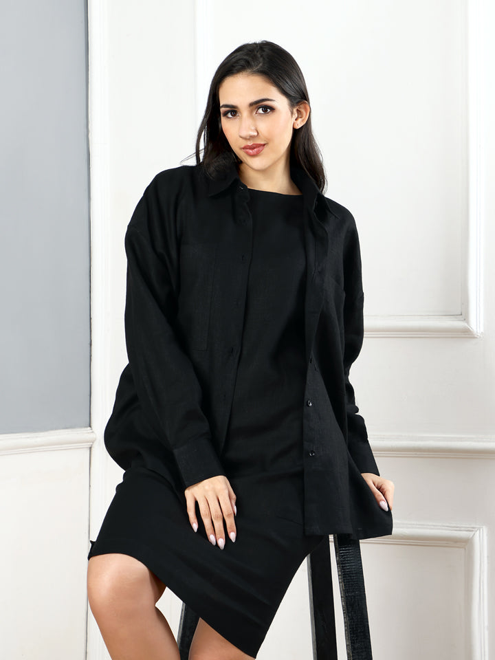 Pitch Black Linen Pocket Dress & Shirt Set