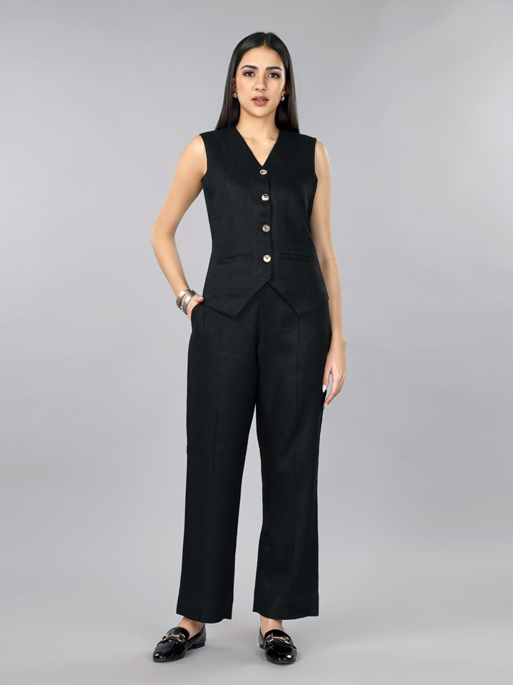 Pitch Black Linen Waist Coat Set