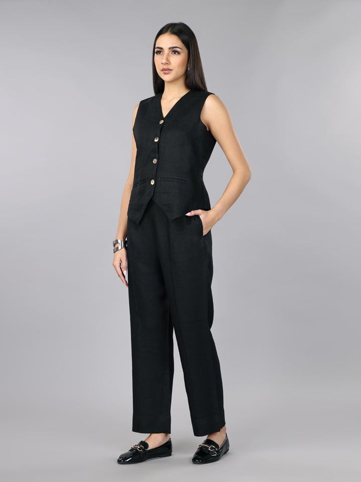 Pitch Black Linen Waist Coat Set