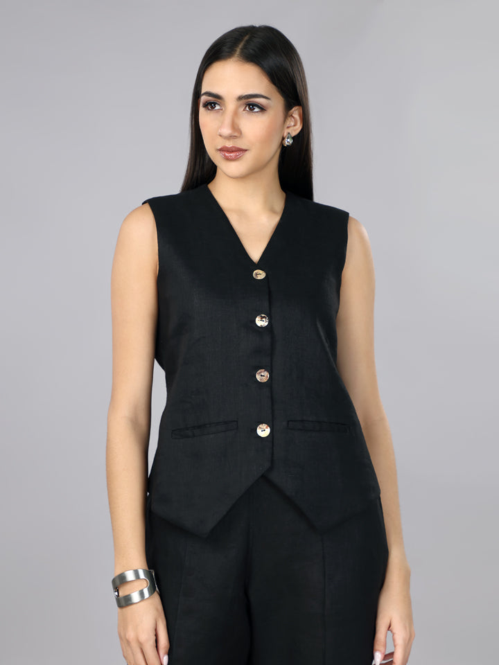Pitch Black Linen Waist Coat Set