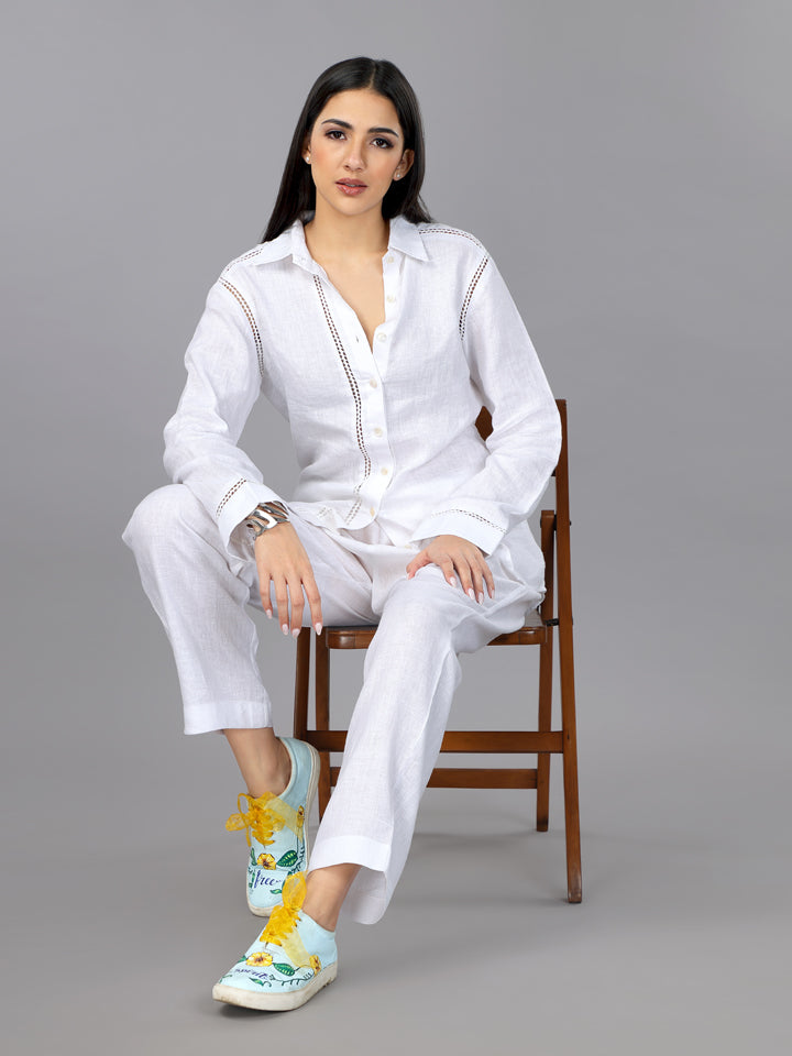 Frost White Linen Shirt & Pant Loungewear Set