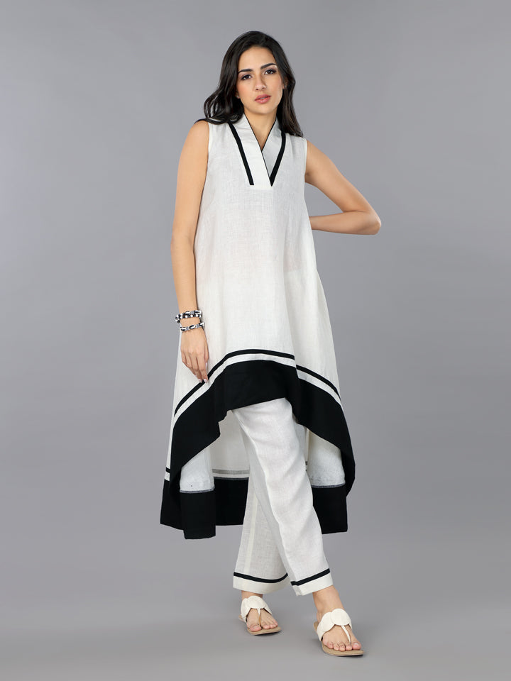 Ivory Linen High-Low Flared Kurta Set