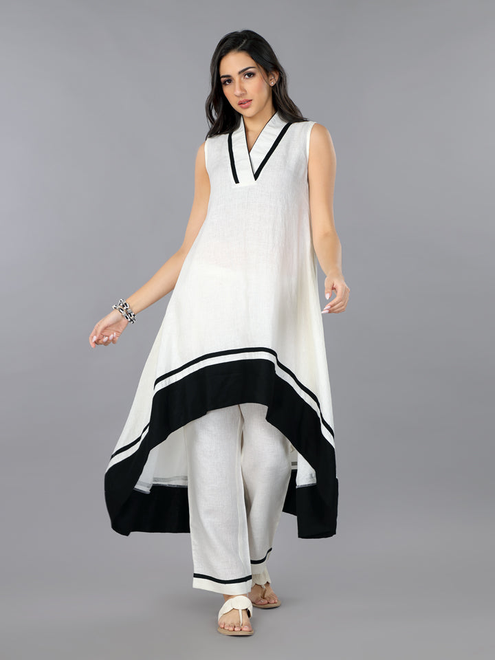 Ivory Linen High-Low Flared Kurta Set
