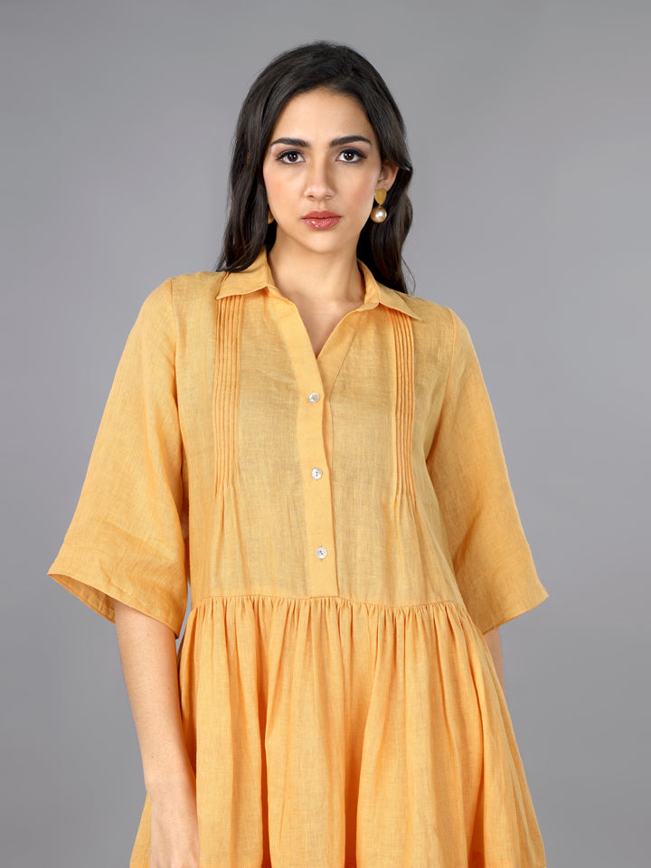Apricot Linen Pleated Flared Dress Gothilo Apricot Linen Pleated Flared Dress Gothilo