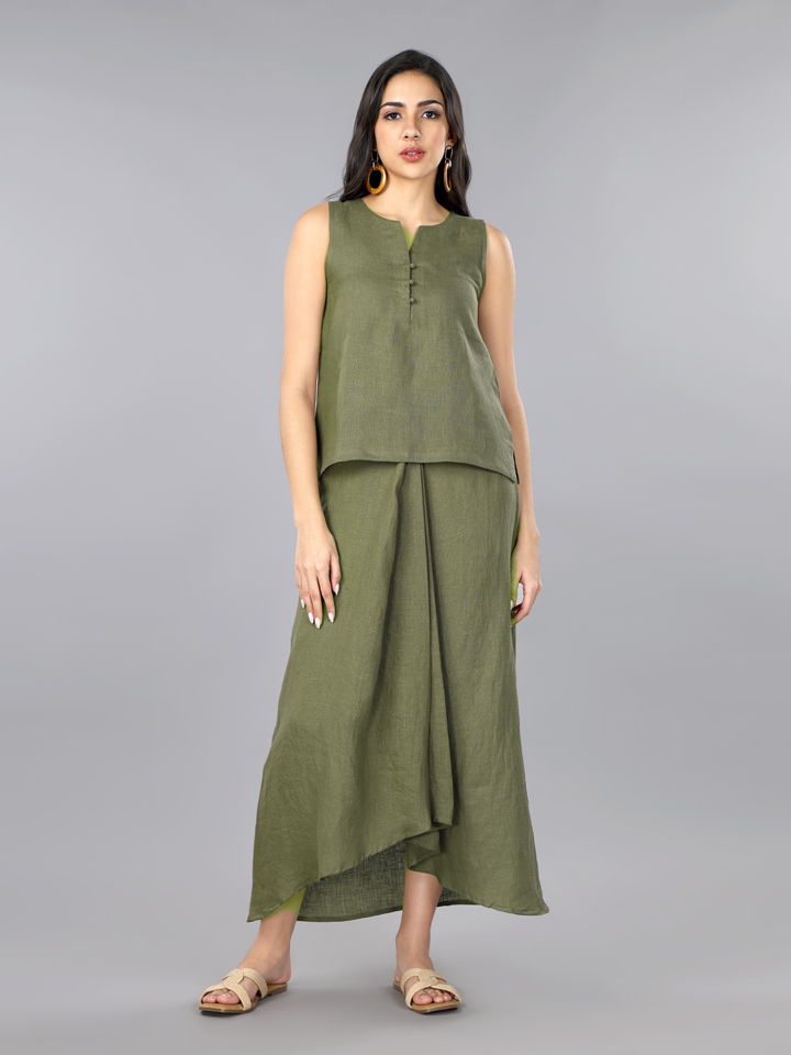 Mocha Mousse Linen Top & Pleated Skirt Set