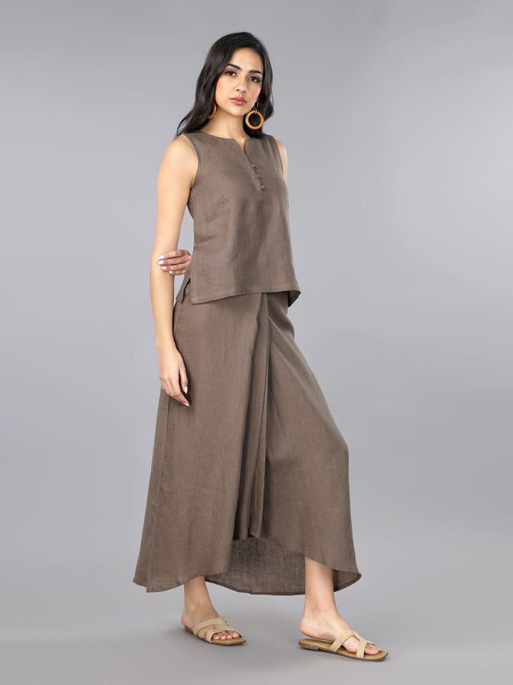 Mocha Mousse Linen Top & Pleated Skirt Set
