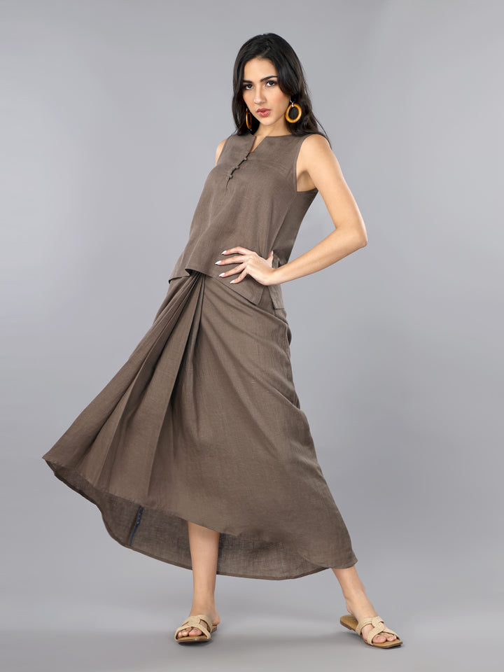 Mocha Mousse Linen Top & Pleated Skirt Set