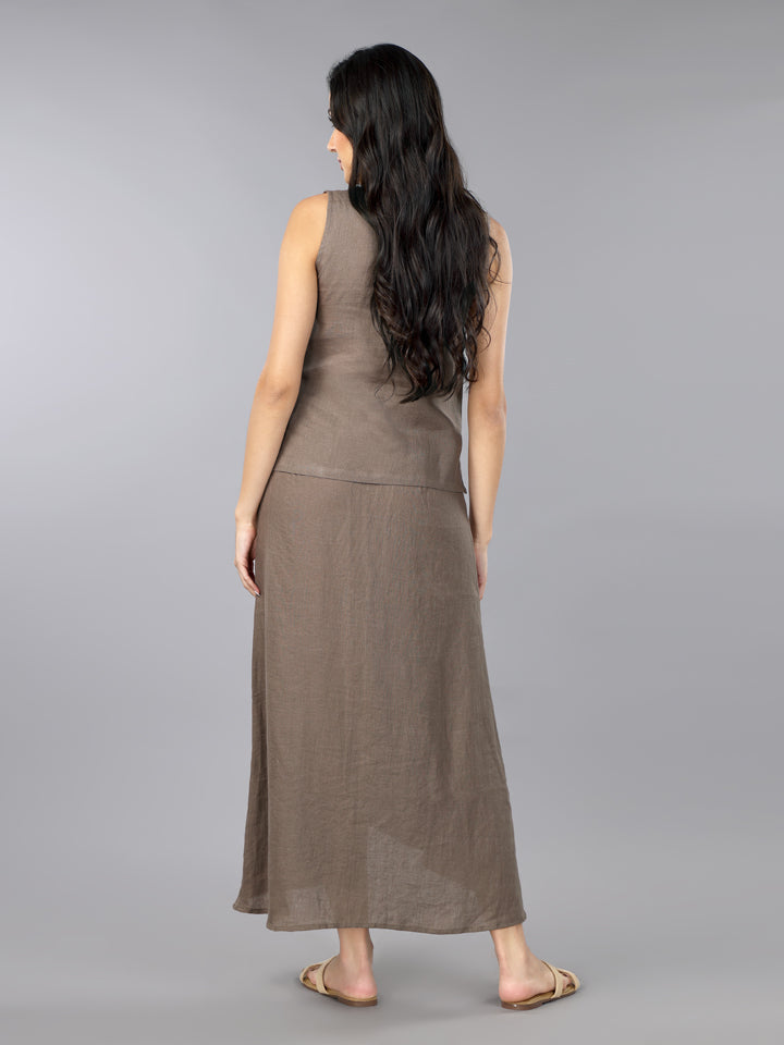 Mocha Mousse Linen Top & Pleated Skirt Set