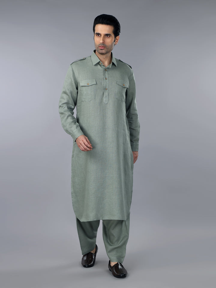 Sage Green Linen Pathani Suit