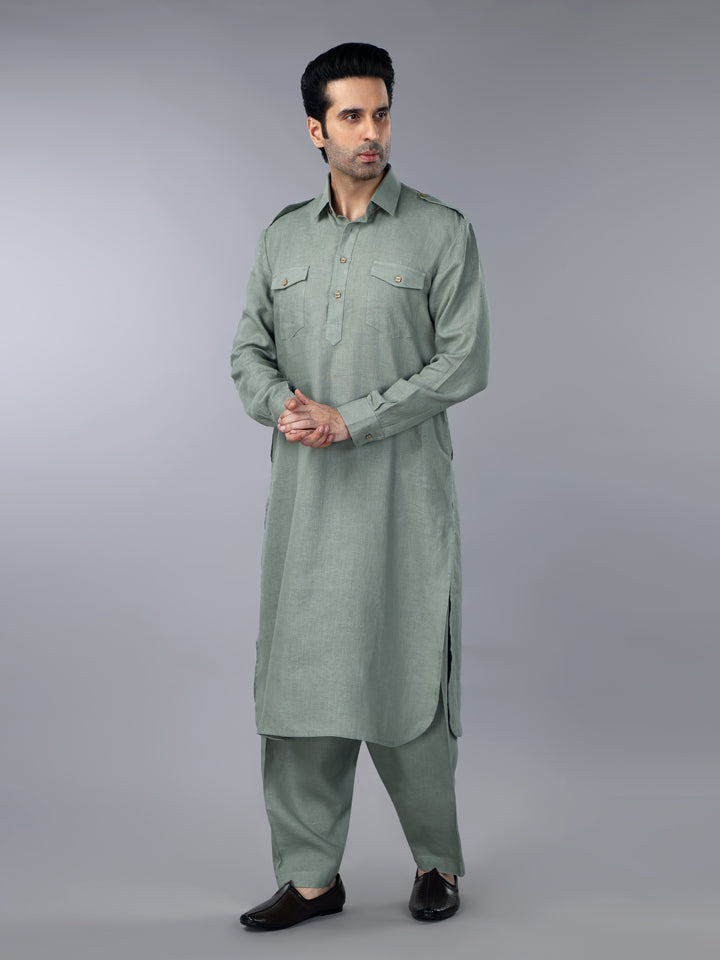Sage Green Linen Pathani Suit