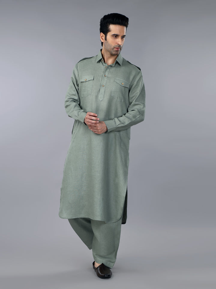 Sage Green Linen Pathani Suit
