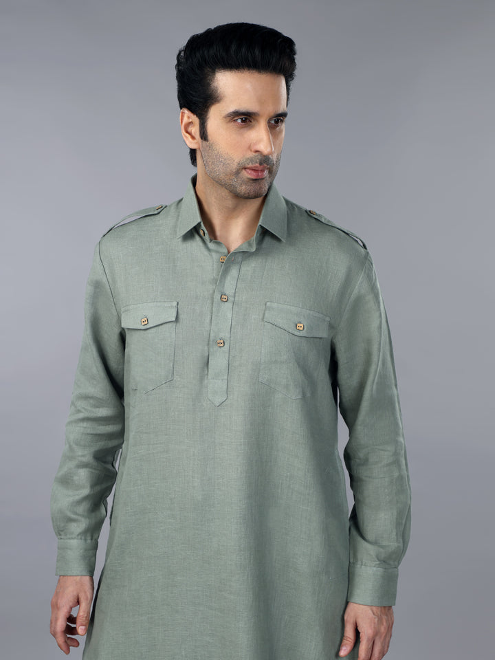 Sage Green Linen Pathani Suit