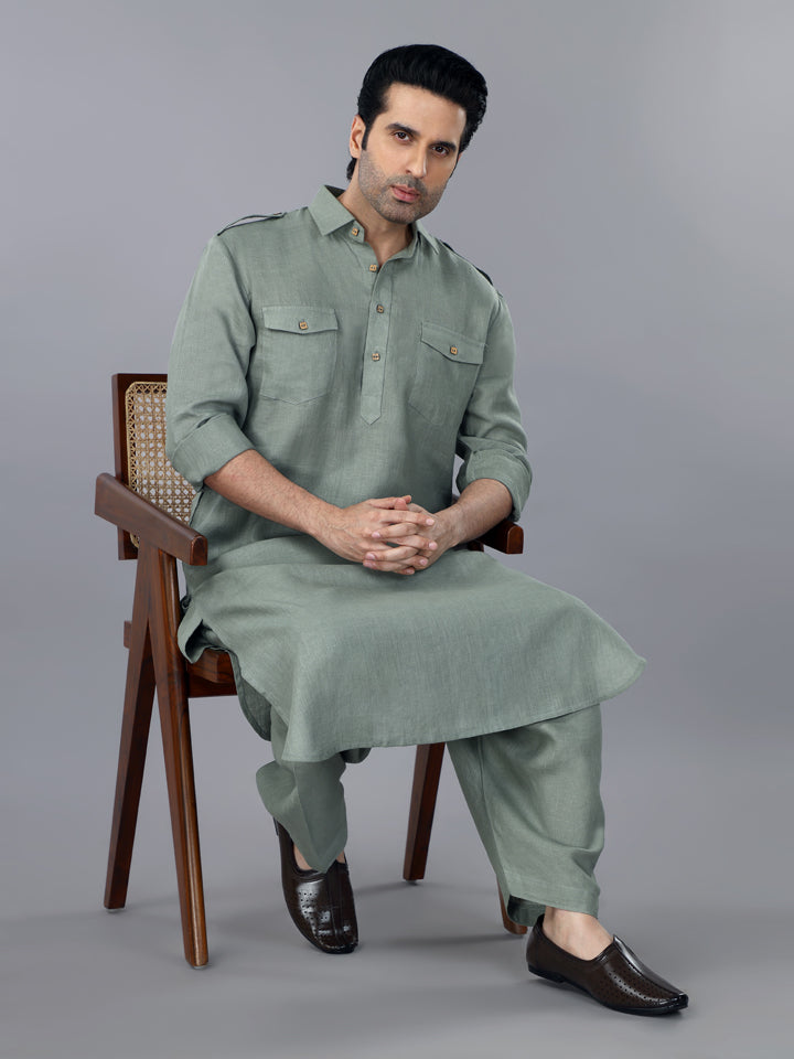 Sage Green Linen Pathani Suit