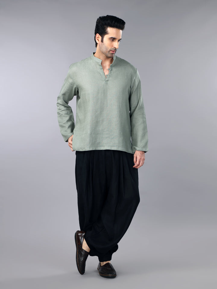Sage Green Linen Short Kurta & Balloon Pant Set