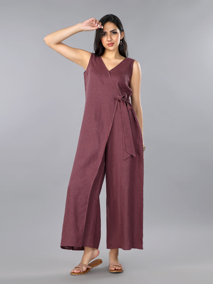 Plum Linen Overlap Jumpsuit