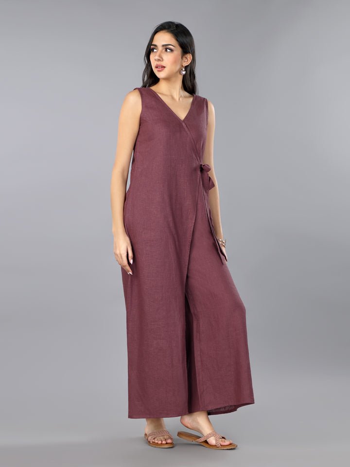 Plum Linen Overlap Jumpsuit
