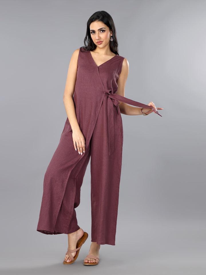 Plum Linen Overlap Jumpsuit