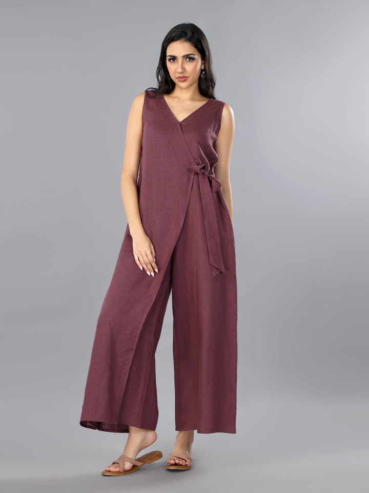 Plum Linen Overlap Jumpsuit