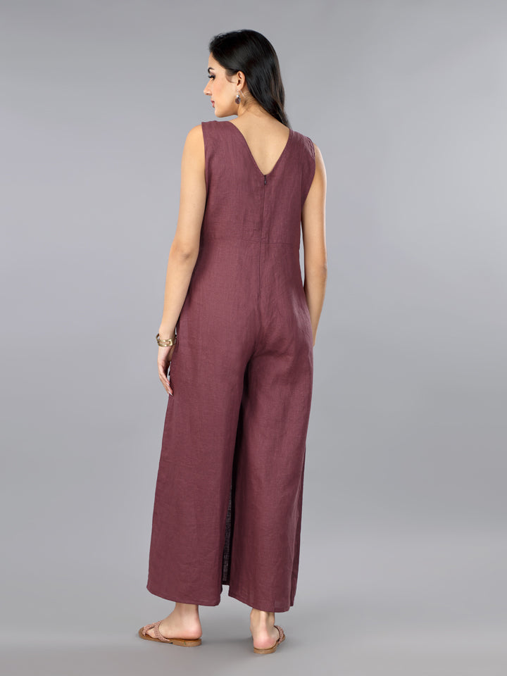 Plum Linen Overlap Jumpsuit