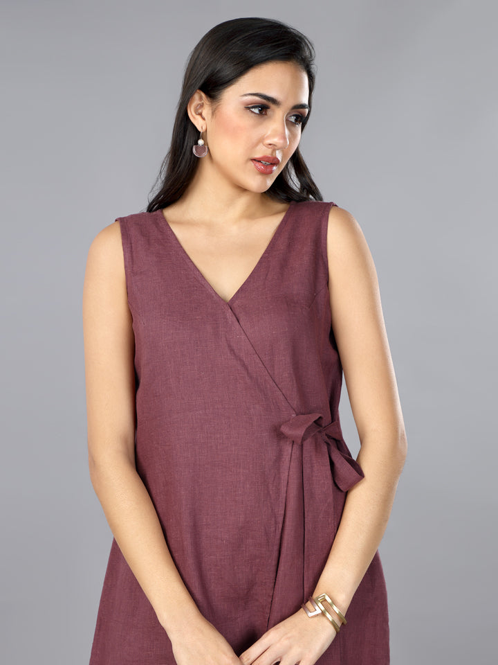 Plum Linen Overlap Jumpsuit