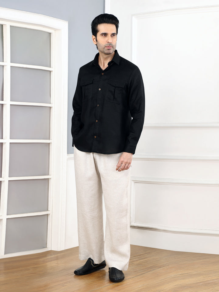Pitch Black Linen shirt & Natural Trouser Set