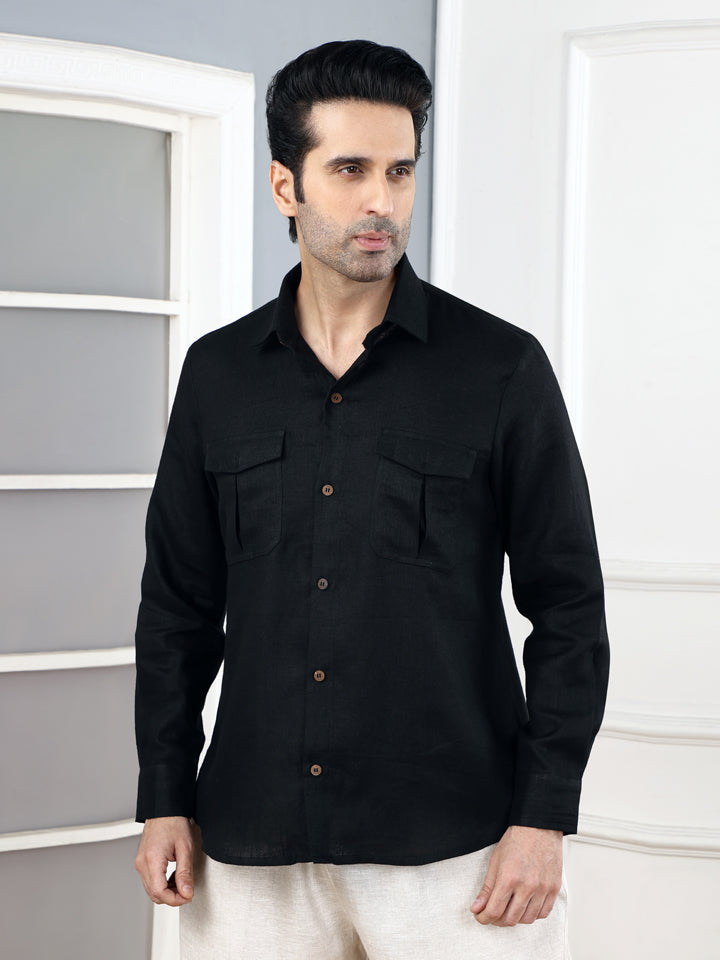 Pitch Black Linen shirt & Natural Trouser Set