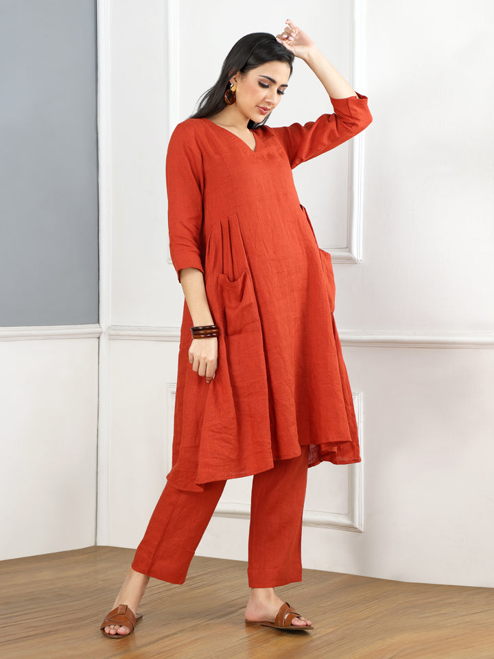 Burnt Orange Linen Pleated Kurta Set