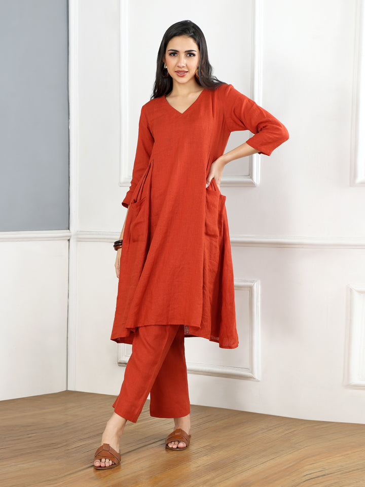 Burnt Orange Linen Pleated Kurta Set