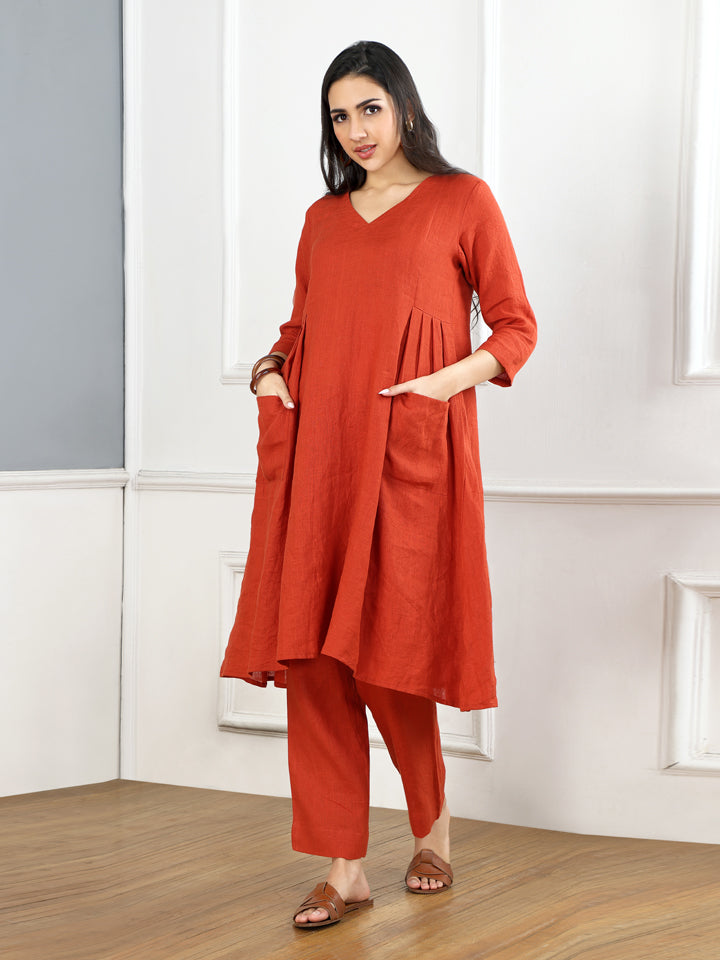 Burnt Orange Linen Pleated Kurta Set