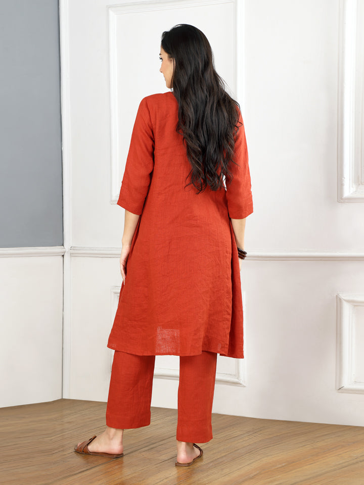 Burnt Orange Linen Pleated Kurta Set