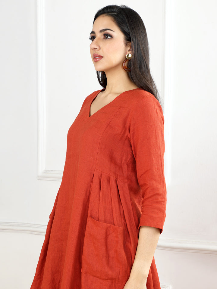 Burnt Orange Linen Pleated Kurta Set