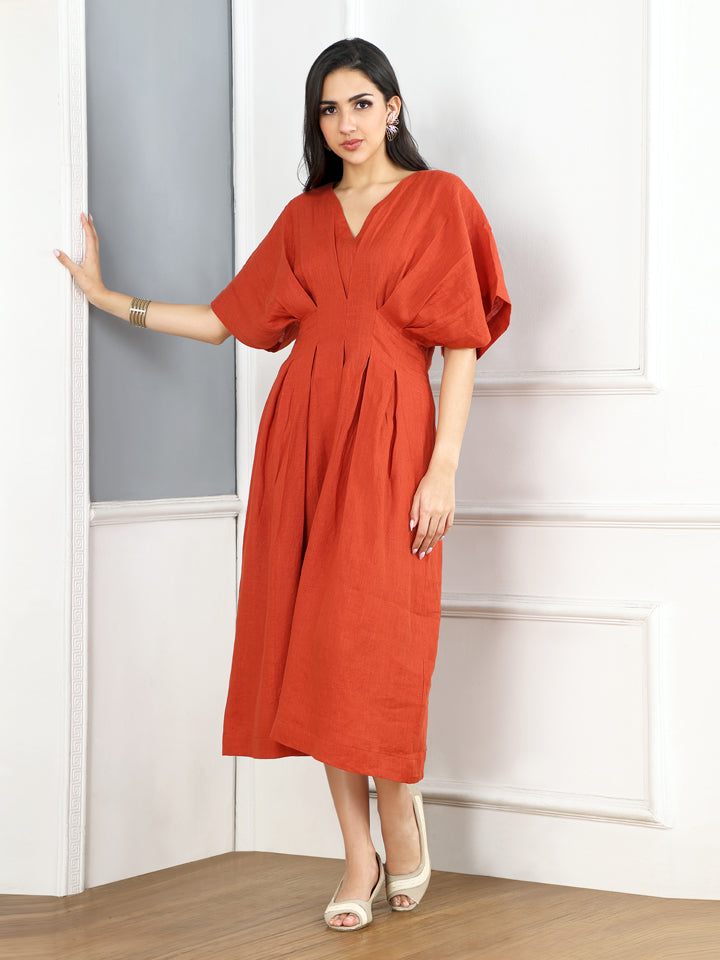 Burnt Orange Linen Puff Dress
