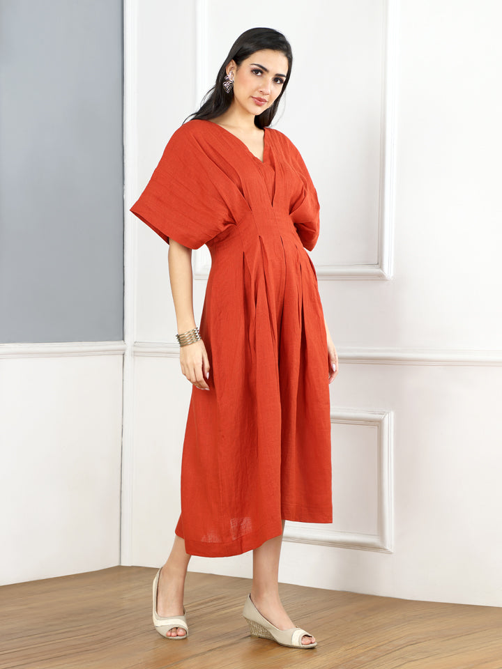 Burnt Orange Linen Puff Dress