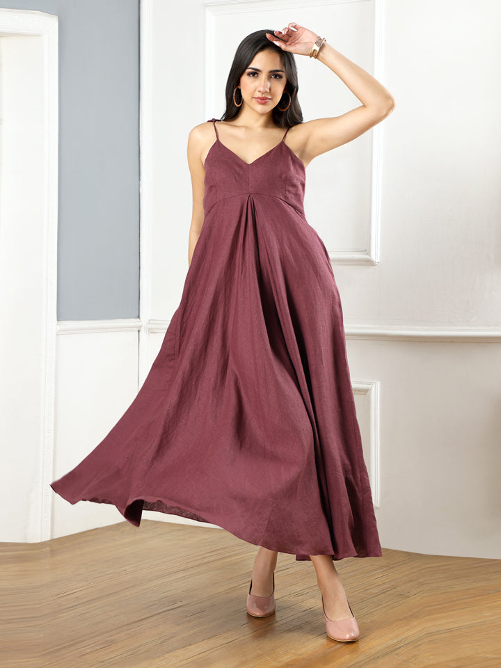Plum Linen Flared Maxi Dress