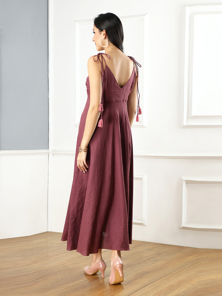 Plum Linen Flared Maxi Dress