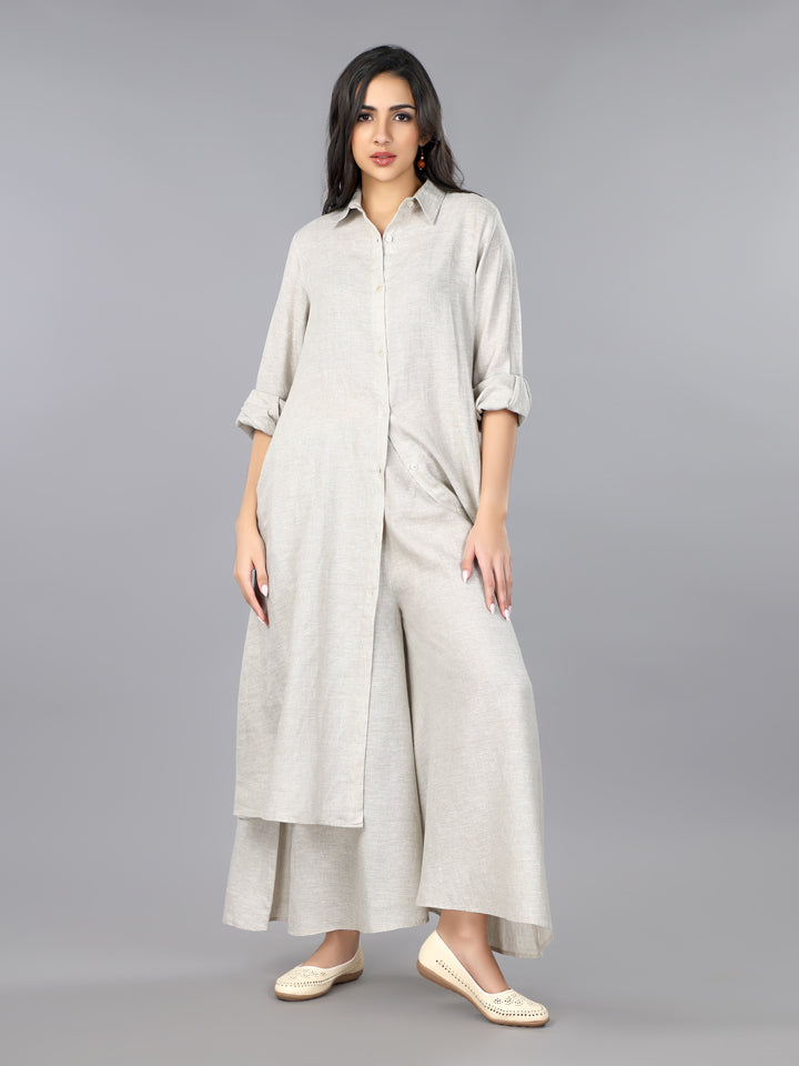 Natural Linen Shirt Style Kurta and Palazzo Set