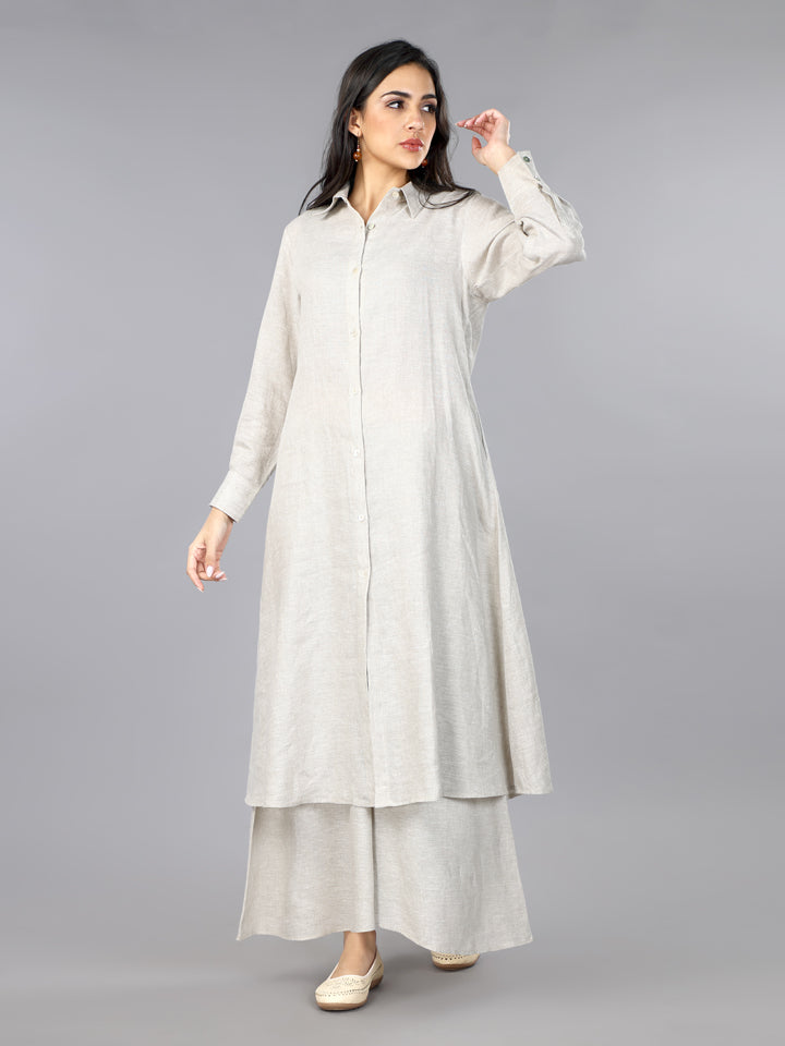 Natural Linen Shirt Style Kurta and Palazzo Set