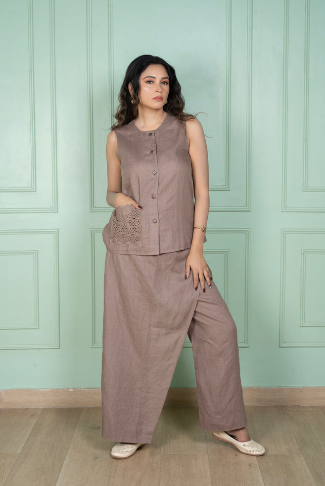 Mocha Mousse Linen Flap Pant Coord Set