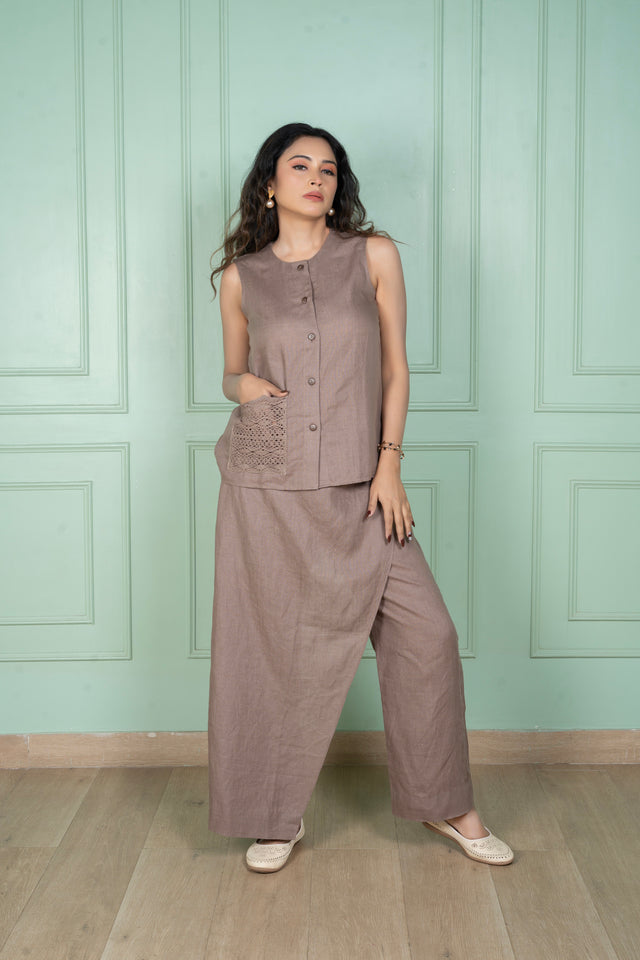 Mocha Mousse Linen Flap Pant Coord Set