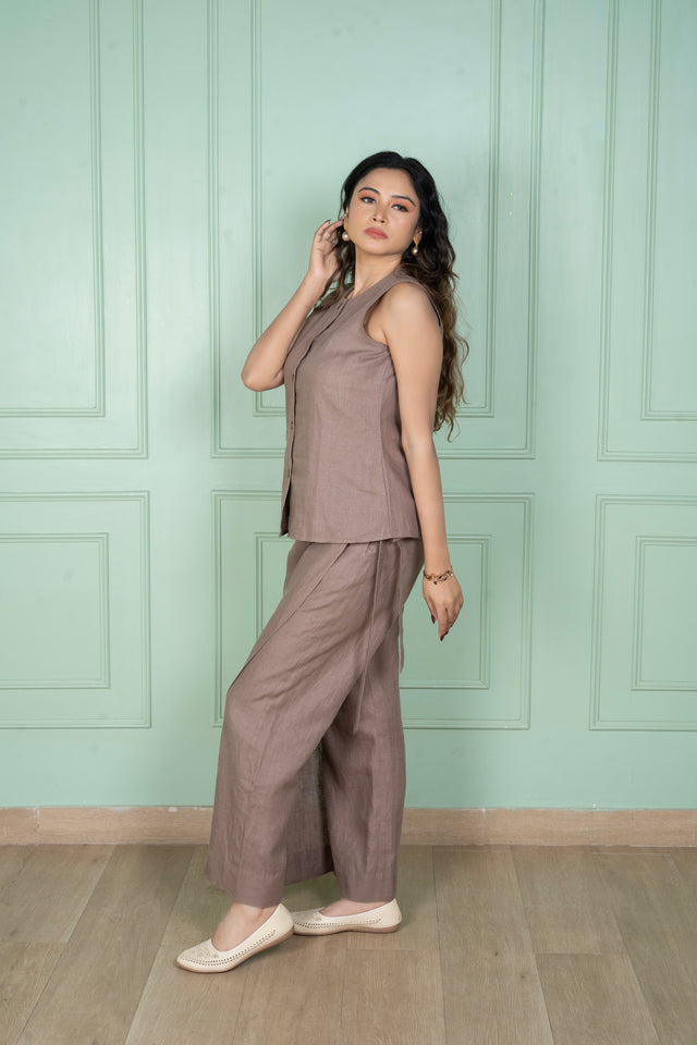 Mocha Mousse Linen Flap Pant Coord Set