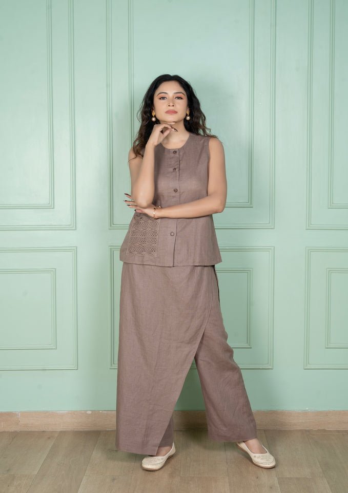 Mocha Mousse Linen Flap Pant Coord Set