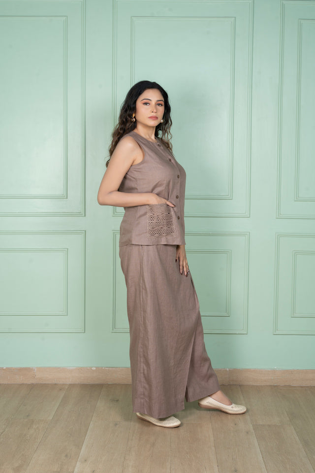 Mocha Mousse Linen Flap Pant Coord Set