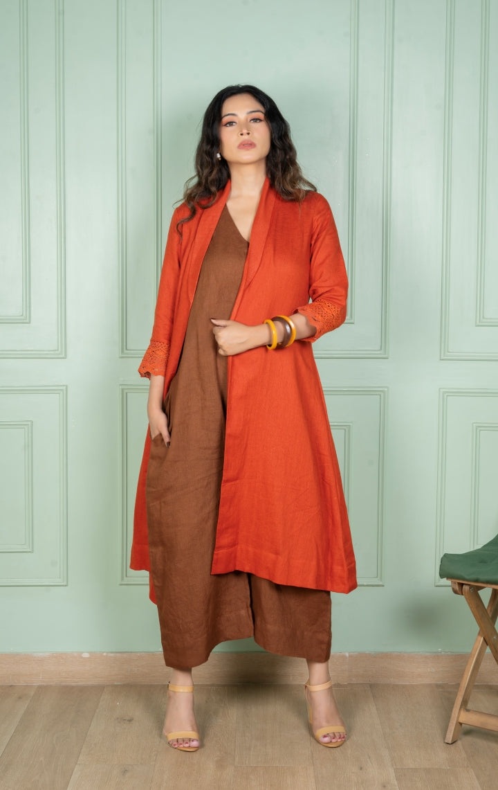 Gulmohar Jacket & Brown Linen Jumpsuit Set