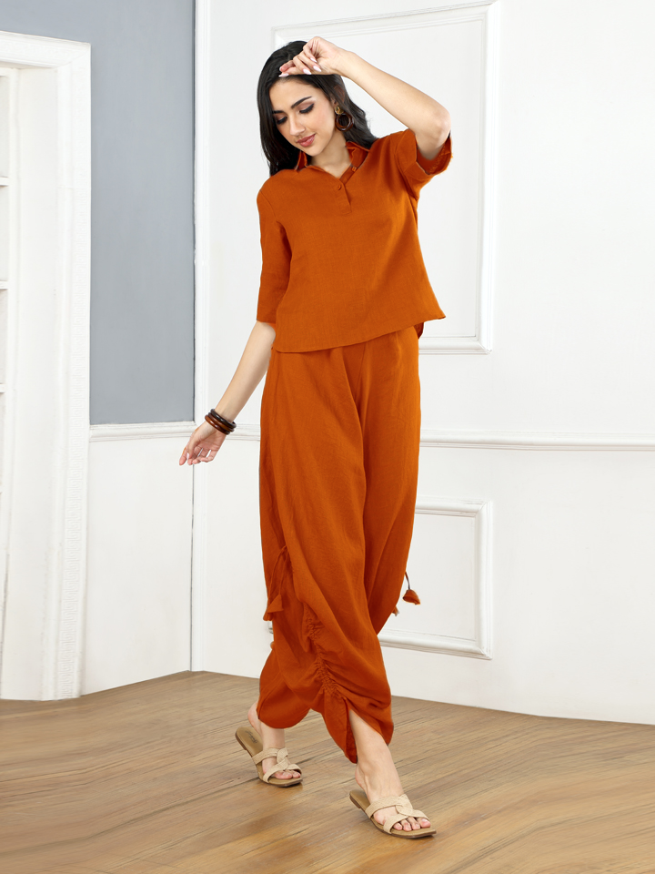 Mocha Mousse Linen Top & Cowl Pants