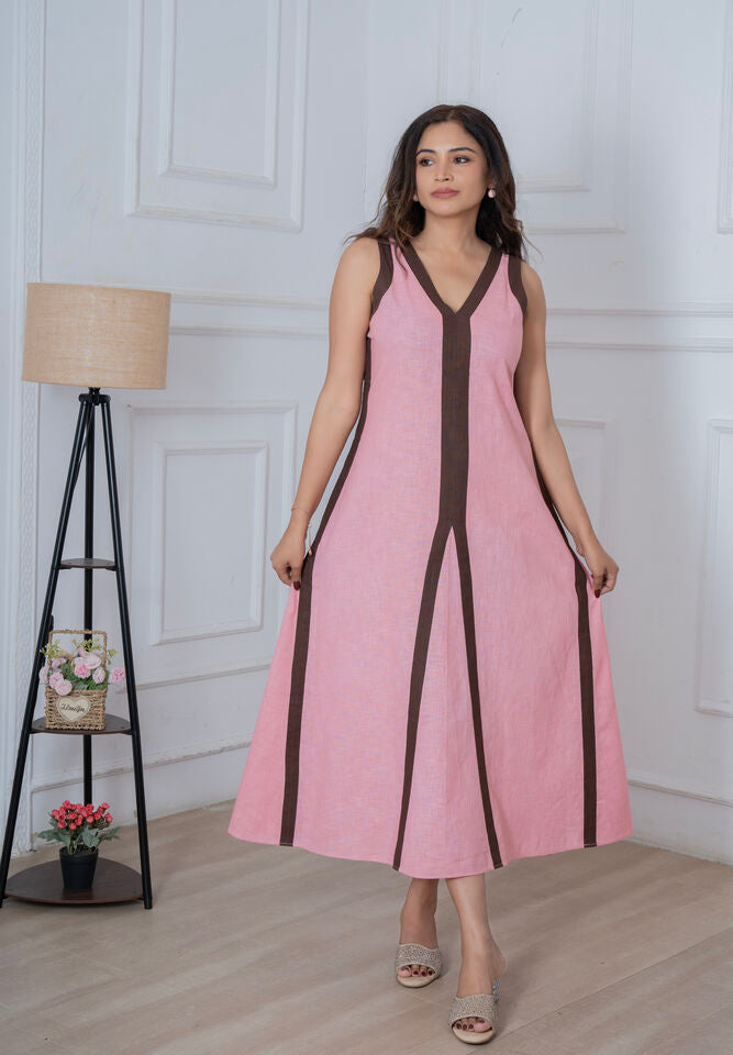 Flamingo Pink & Brown Linen Stripes Dress
