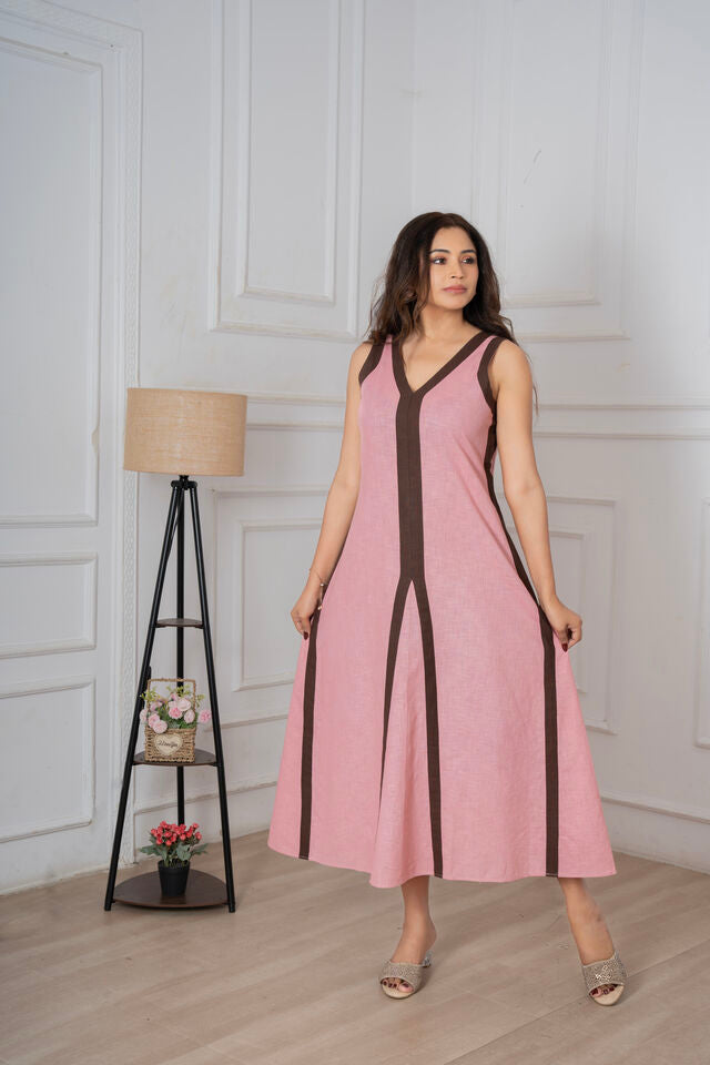 Flamingo Pink & Brown Linen Stripes Dress